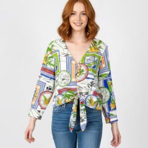 NWT Rachel Zoe Tropical Travel Print Tie-Front Linen Blend Blouse Size XS